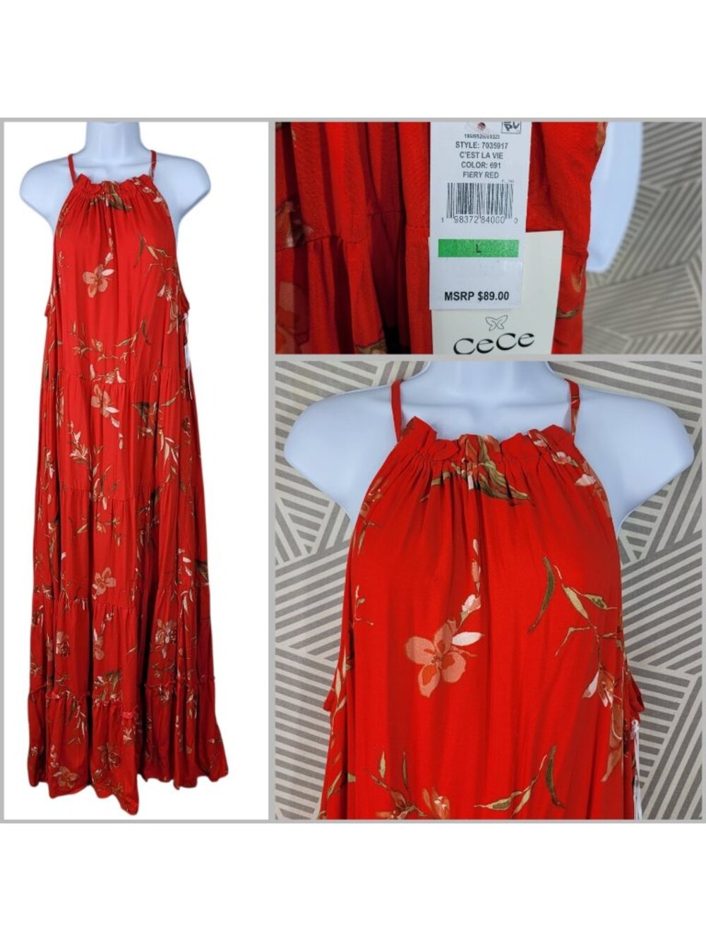 NEW Cece Dress size Large Maxi Party Tiered Skirt Floral Flowy Long Red Flare